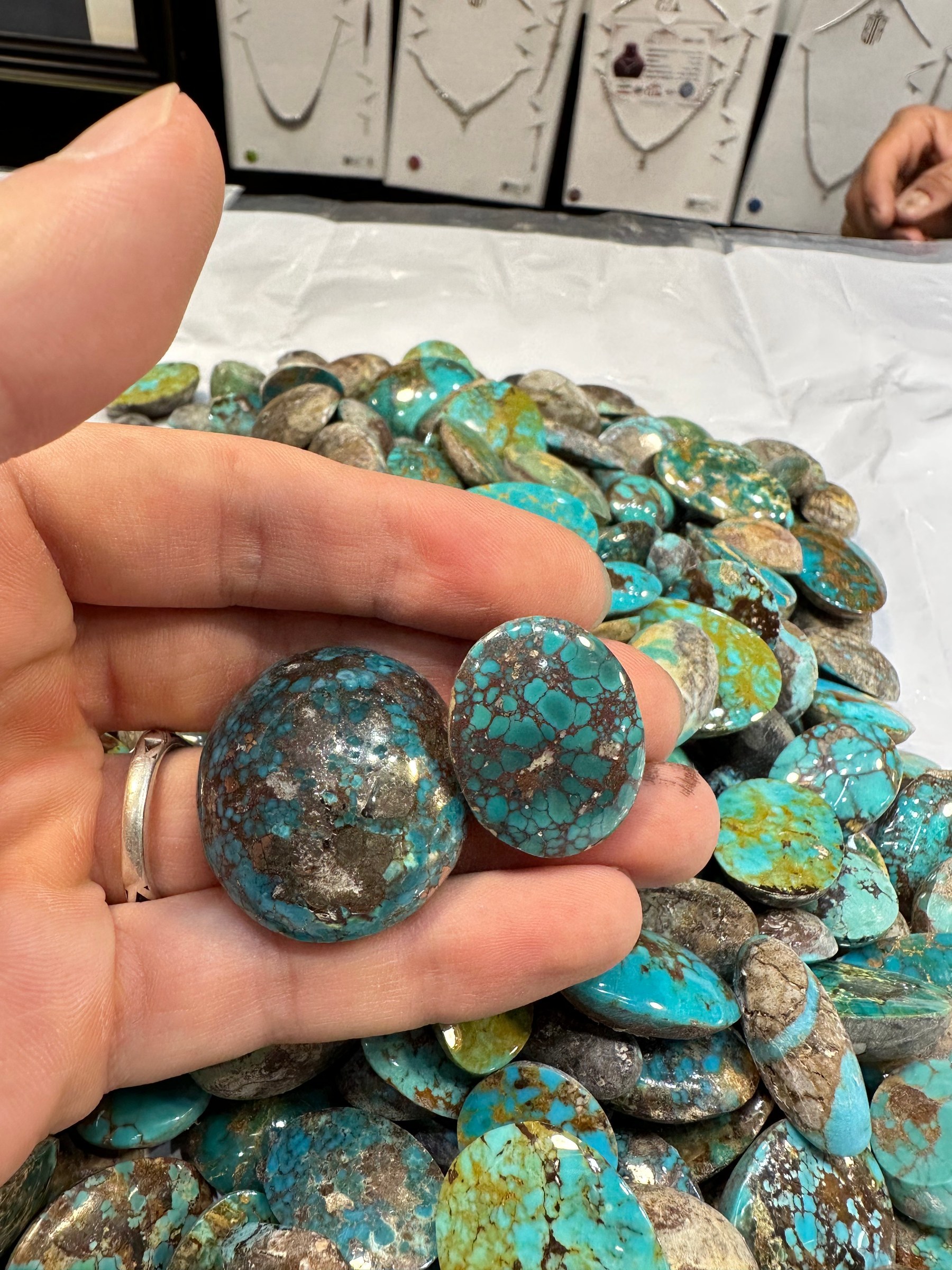 A hand holds two polished round turquoise cabochons in dark brown matrix.