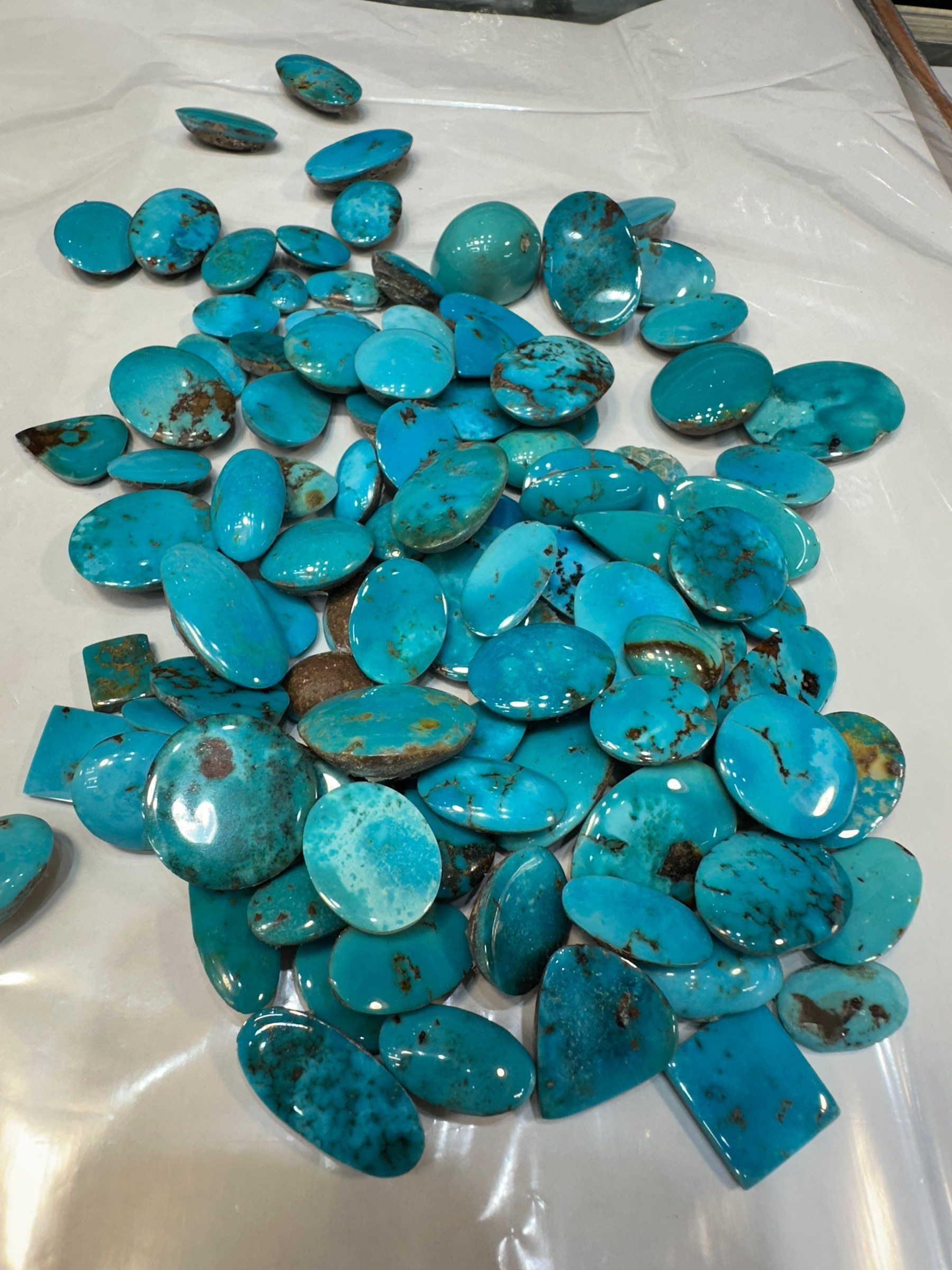 A spread of loose flat polished turquoise cabochons in bright blue on a white sheet.